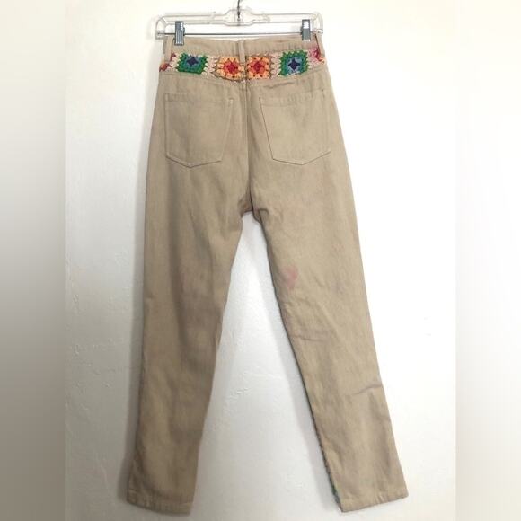 Free People Crochet Zuri Mom Jeans Straight Leg Ultra High Waist Tan Denim Pants - Picture 13 of 13